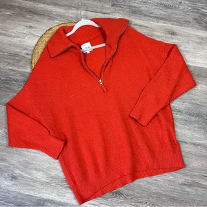 Aerie cozy up waffle knit quarter zip pullover red/orange thumbnail 2
