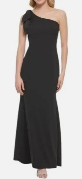 Eliza J Satin Bow One Shoulder Formal Gown Womens 12 Black Prom Minimal Wedding thumbnail 1