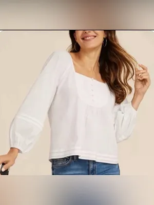 Boho-Chic Cottage Babydoll Peasant Top w/Puff Sleeves Pintuck Buttons Fairycore Sz S Ivory Cotton thumbnail 11