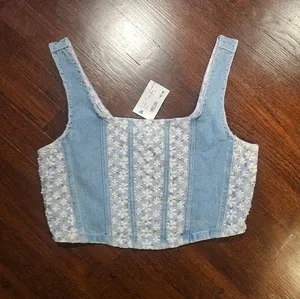 Vanilla Sky Light Blue Floral Patchwork Cropped Tank thumbnail 1