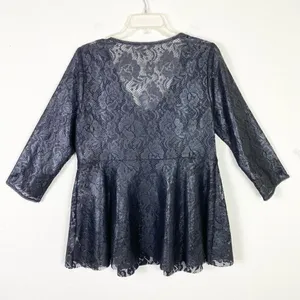 Free People Black Shimmer Sheer Floral Lace Henley Neck Flare Blouse Top Size L thumbnail 4