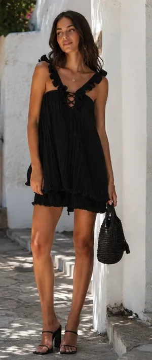 Elliatt Drama Pleated Tiered Hem Cocktail Mini Dress Black thumbnail 1