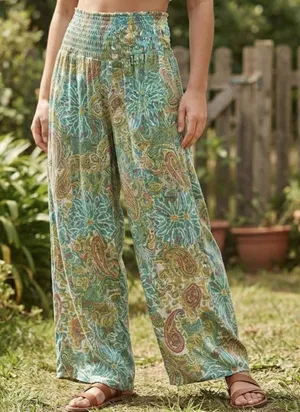 O'Neill Women's Boho Paisley Smocked Waist Viscose Wide Leg Beach Pants Size L thumbnail 1