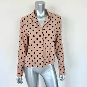Reformation Polka Dot Button-Up Blouse Cropped Long Sleeve Size Small Pink Black thumbnail 3