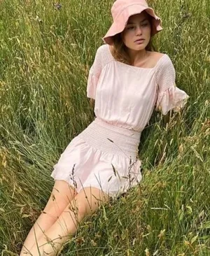 Free‎ People Sam Light Pink Smocked Short Sleeve Mini Dress S thumbnail 1
