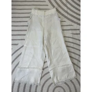 Uterqüe Women Off White Wide Leg Crop Pants Textured Raw Hem Fringe High Waist S thumbnail 2