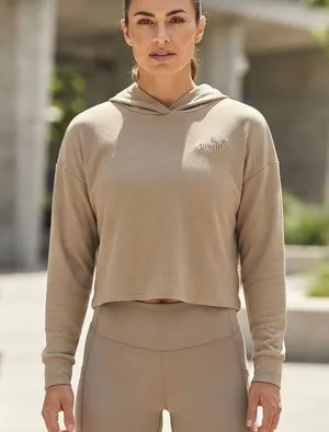 Puma Womens Ribbed Knit Cropped Hoodie Tan Beige Long Sleeve Pullover Large EUC thumbnail 1