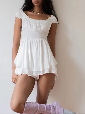 Urban Outfitters Rosie Smocked Tiered Ruffle Romper White Small Bridal Wedding thumbnail 2