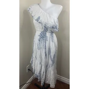 Loveshackfancy One Shoulder Tie Dye Dress Gwen? Sz XS Cotton Blue White thumbnail 2