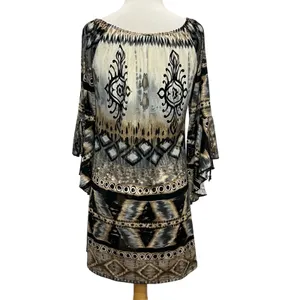 Parker Mini‎ Dress XS Black Gray Tan Gold Abstract Stretch Bell Sleeve Boho Chic thumbnail 6