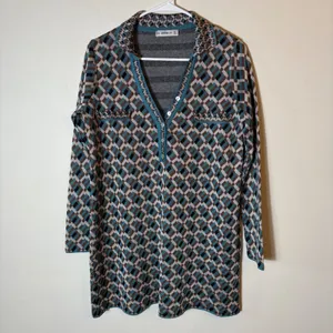 Zara Knit Jacquard‎ Dress Long Sleeve Geometric Print Mini Teal Brown Size Small thumbnail 2