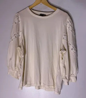 J Crew‎ Crochet Trim Puff Sleeve Long Sleeve T-shirt Cream Size XL thumbnail 1