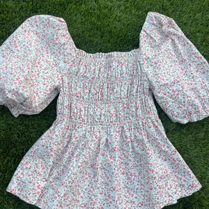Love Note Pink and Blue Puff Sleeve Smocked Blouse thumbnail 4