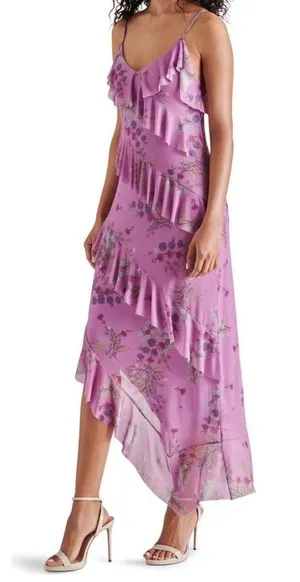 Steve Madden Aida Purple Floral Ruffle High Low Midi Dress XS NWT Wedding Guest thumbnail 1