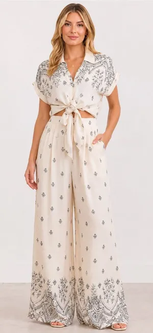 Cream Printed Wide-Leg Two-Piece Pant Set Small thumbnail 1