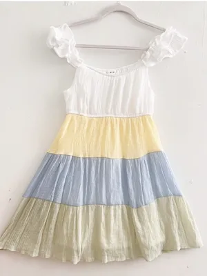NEW ANTHROPOLOGIE MINE Ruffle Tiered Dress Small Yellow Blue Green cottage thumbnail 1