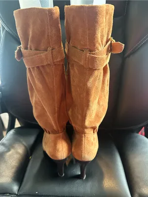 Michael Kors Cognac Suede Slouch buckle pull on knee high Boot heels thumbnail 4
