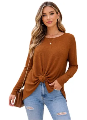 Mudd Waffle Knit Long Sleeve Knotted Front Cozy Chestnut Brown Top Size XL thumbnail 1