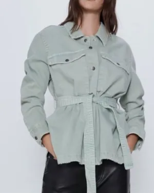 Zara denim belted cotton jean jacket sage green Sz XL thumbnail 1