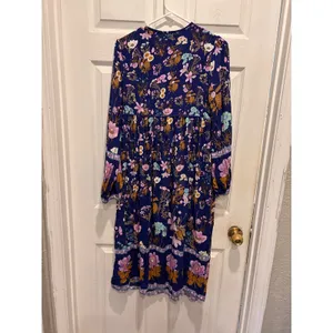R Yiposha Navy Blue Floral Boho Empire Waist Midi Dress XS 0/2 Long Sleeve thumbnail 5