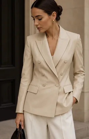 Zara Women’s S Ivory Faux Leather Double Breasted Blazer Quiet Luxury Minimalist Chic thumbnail 1