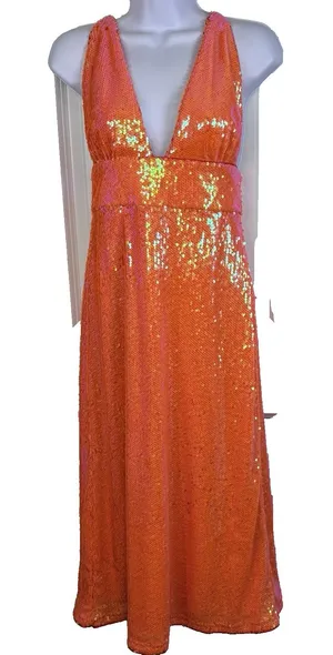 Song of Style x Revolve Women's Orange Sequin Halter Open Back Midi Dress Small thumbnail 1