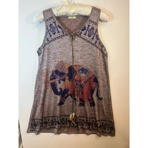 GM Women’s L/XL Boho Elephant Print Sleeveless Tunic Dress Feather Tie Brown Top thumbnail 2