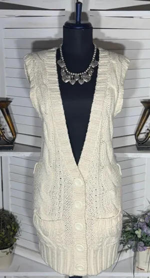 Bebe vintage Y2K long knit vest cream cable knit pockets coquette cottage boho thumbnail 1