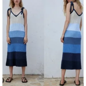 NWOT ZARA Striped Blue Ombre Crochet Chunky Knit Midi Dress Womens Small thumbnail 2