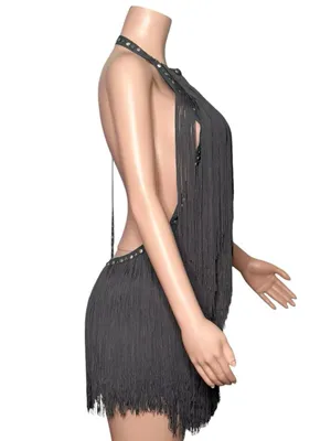 JADED LONDON Vadra Backless Fringe Mini Dress, Charcoal Grey, 4(US) thumbnail 10