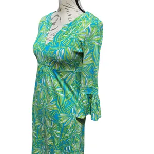 Lilly Pulitzer Silk Cotton Floral Bell Sleeve Dress Blue Green XS 96212 thumbnail 3