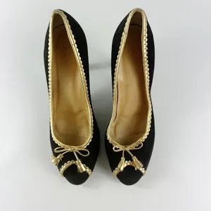 J. Crew Vintage Isabella Black Suede Gold Trim Peep Toe Heels Shoes Women 8.5 thumbnail 5