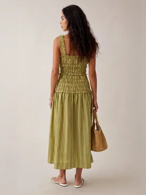 Few Moda o.p.t Freya Size M Green Striped Smocked Fit Flare Midi Cotton Dress thumbnail 3