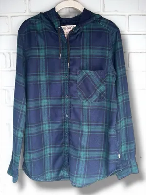Garage Women's Medium Blackwatch Plaid Flannel Hooded Boyfriend Fit Shacket thumbnail 1