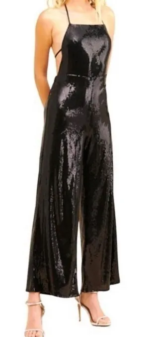 Elwood wide leg halter sequined black jumpsuit thumbnail 1