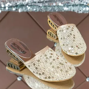 Gold Mesh Slides w/Round Toe Silver & Gold‎ Sequins Open Circle 1.5” Heels thumbnail 8