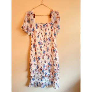 Abercrombie & Fitch Dress Womens Large White Floral‎ Smocked Puff Sleeve Ruffle thumbnail 7