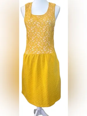 Anthropologie Maeve mustard Yellow Lace Bodice A-Line Dress with Textured Skirt thumbnail 3
