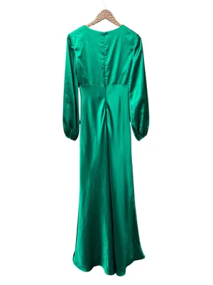 Mac Duggal Long Sleeve Empire Waist Satin Gown Maxi Dress Emerald Green 6 thumbnail 4