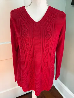 Talbots Bright Red V-Neck Cable Knit Sweater 100% Cotton Size Small thumbnail 1