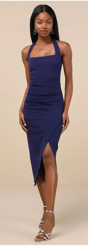 Lulus Prominent Charm Navy Halter Bodycon Tulip Midi Dress Size XL Cocktail thumbnail 1