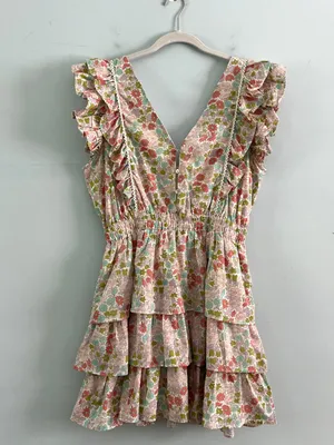 Anthropologie NWT Love The Label Ines Ivory Floral Tiered Ruffle Mini Dress thumbnail 6