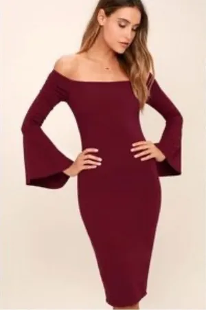 Lulu’s All She Wants burgundy S bodycon bell sleeve dress thumbnail 1