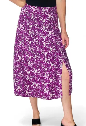 Loft Purple White Floral Coquette Linen Midi Slit Skirt thumbnail 1
