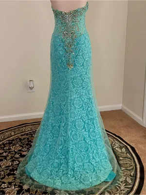 Mori Lee Turquoise Beaded Lace Mermaid Prom Dress | Size: 2-4 thumbnail 4