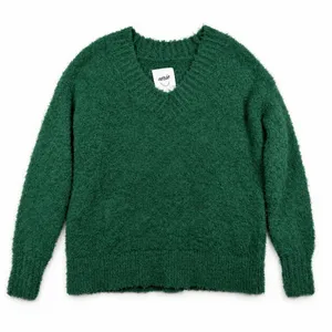 Aerie XS Sweater Green V-Neck Fuzzy Boucle Knit Pullover Relaxed Cozy Winter thumbnail 2