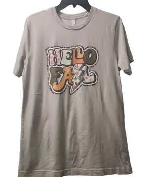 Bella+Canvas Hello Fall Graphic T-Shirt Short Sleeve Casual Top Beige M‎ thumbnail 1