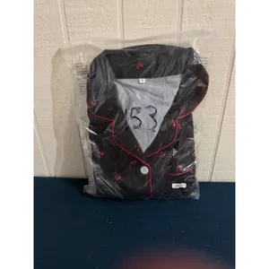 NIB- Black Cherry Print Satin Pajama Set Short Sleeve Button Down & Shorts Small thumbnail 2
