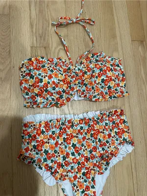 Aerie Shein Orange Multi Floral Ruffle Bikini Set thumbnail 2