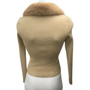 Zara Women's Brown Rib Knit Faux Fur Collar Long Sleeve Crop Sweater Top Size M thumbnail 2